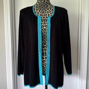 Exclusively‎ Misook Cardigan Size XL Black W/Blue Trim Long Sleeve Open Front